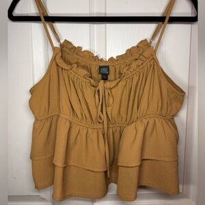 wild fable Textured Ruffle Tie-Front Dress in Mustard Brown